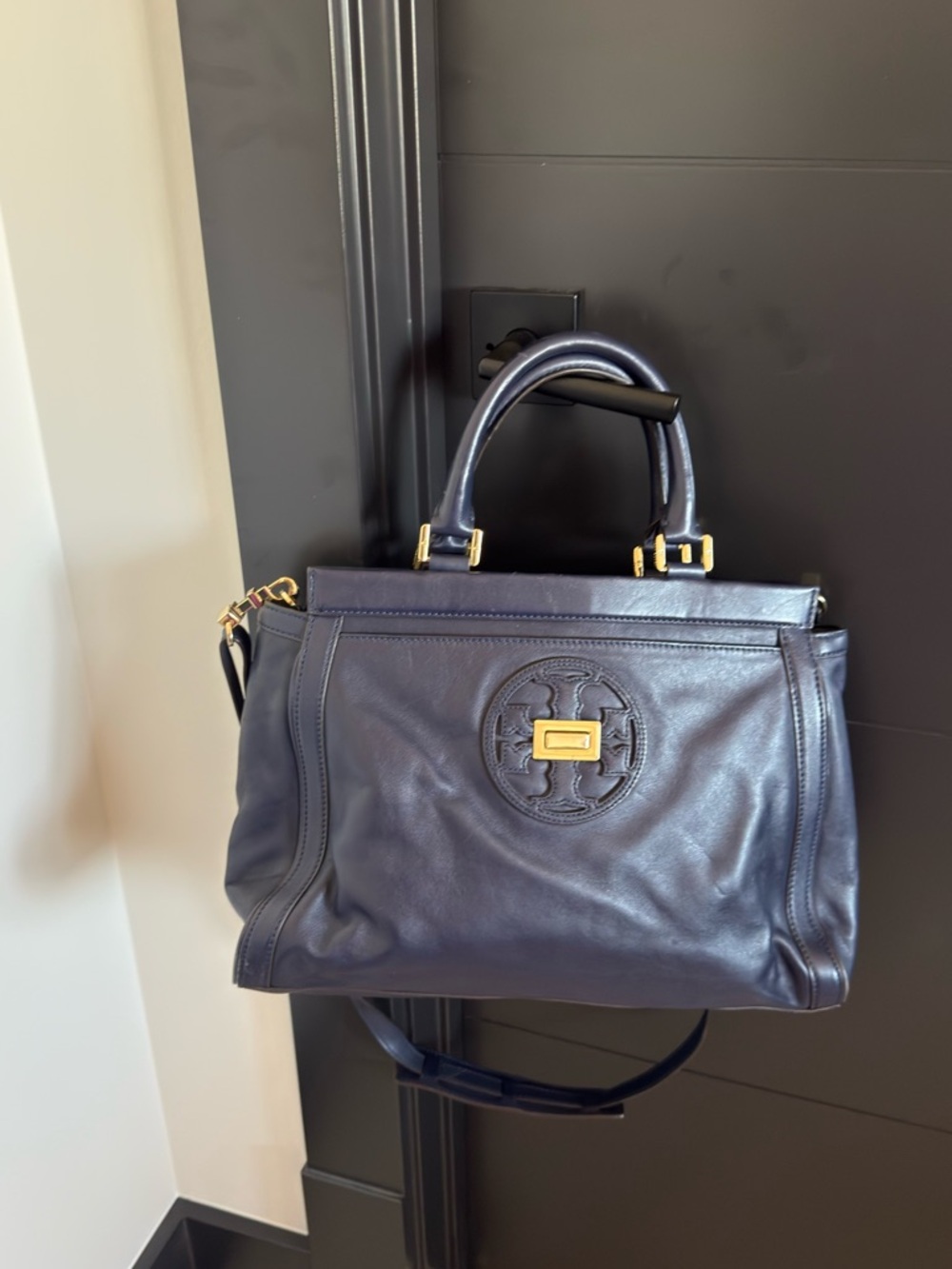 Navy Leather Top-Handle Satchel with Gold Hardware